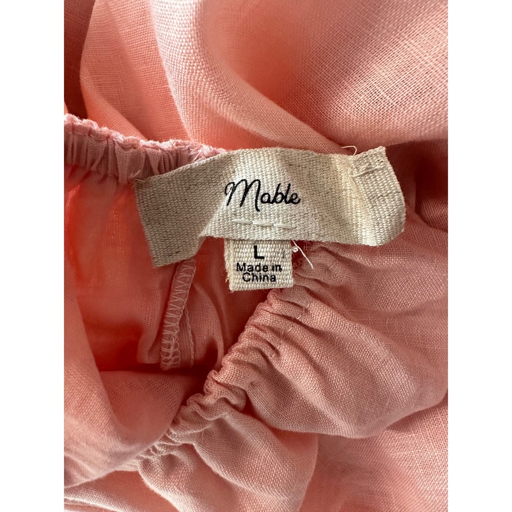 Mable Pink Linen Dress‎ Open Back Puff Sleeve Scalloped Hem Square Neck Large - Picture 4 of 9